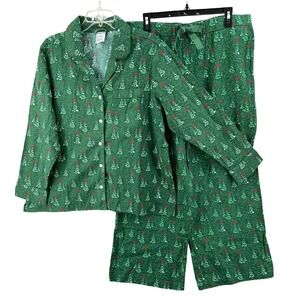 Lands End Pajama Set Womens Sz XL Green Trees Holiday Long Sleeve Flannel